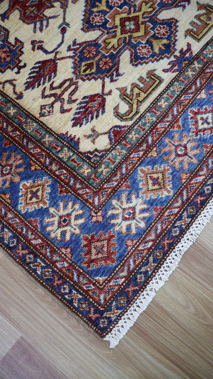 4x6 Ft Kazak Area Rug, Beige Afghan Hand Knotted Wool Traditional Carpet, Rugs For Living Room, Bedroom Rug, Dining Table Rug, Kitchen Rug