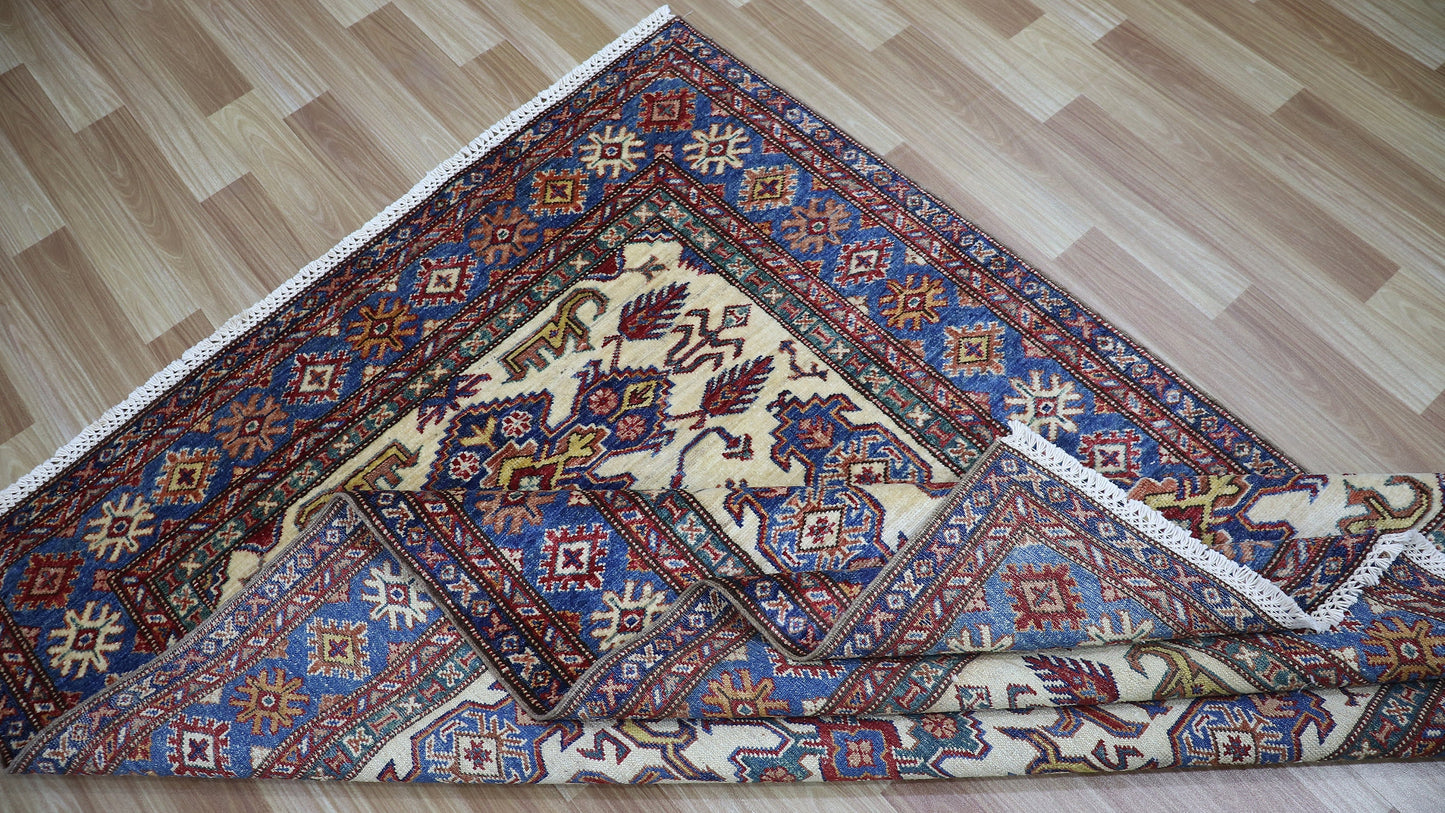 4x6 Ft Kazak Area Rug, Beige Afghan Hand Knotted Wool Traditional Carpet, Rugs For Living Room, Bedroom Rug, Dining Table Rug, Kitchen Rug