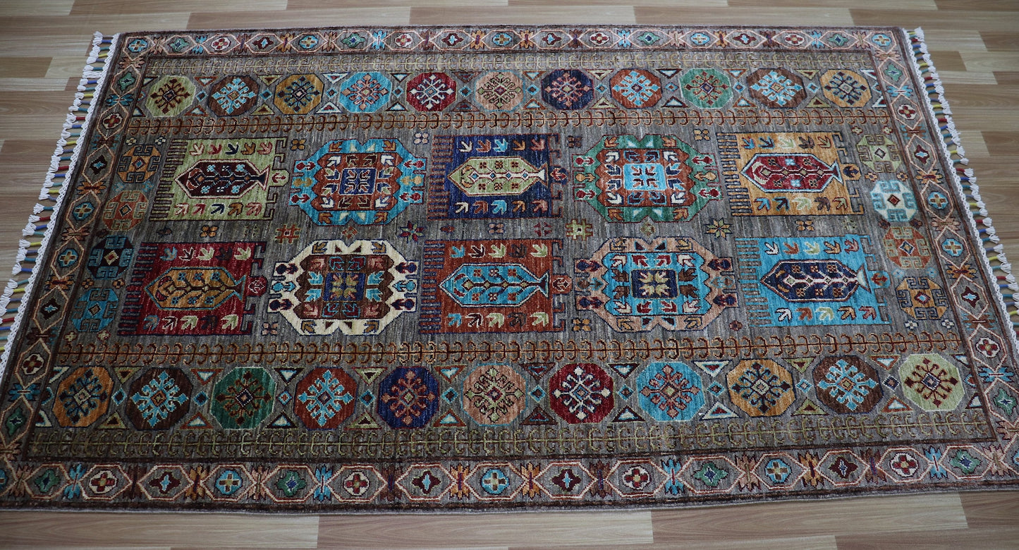 4x7 Ft Baluch Oriental Area Rug, Afghan Hand Knotted Wool Traditional Carpet, Rugs For Living Room, Bedroom Rug, Kitchen Rug, Geometric Rug