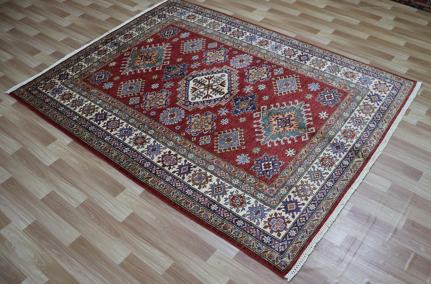 5x7 ft Traditional Kazak Area Rug, Red Afghan Hand Knotted Wool Carpet, Rugs For Living Room, Bedroom Rug, Dining Table Rug, Kitchen Rug