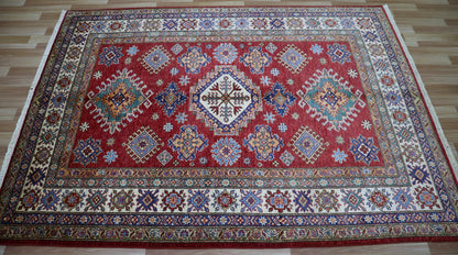 5x7 ft Traditional Kazak Area Rug, Red Afghan Hand Knotted Wool Carpet, Rugs For Living Room, Bedroom Rug, Dining Table Rug, Kitchen Rug