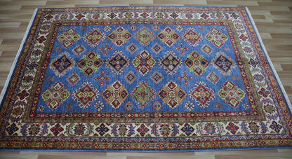 5x7 ft Blue Kazak Area Rug, Afghan Hand Knotted Wool Traditional Carpet, Rugs For Living Room, Bedroom Rug, Dining Table Rug, Handmade Gift