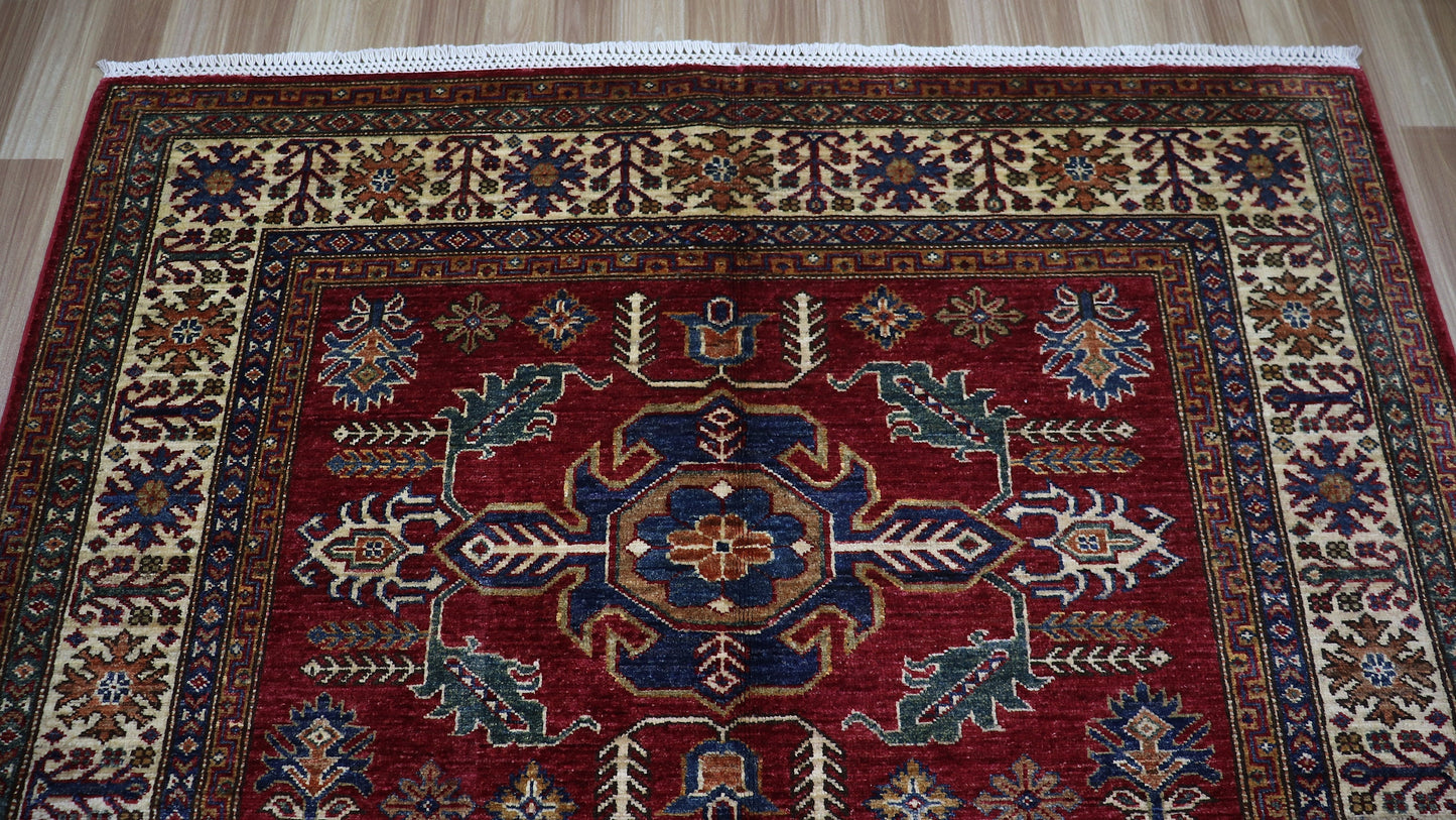 5x7 ft Oriental Area Rug, Red Afghan Hand Knotted Wool Traditional Carpet, Rugs For Living Room, Bedroom Rug, Dining Table Rug, Kitchen Rug