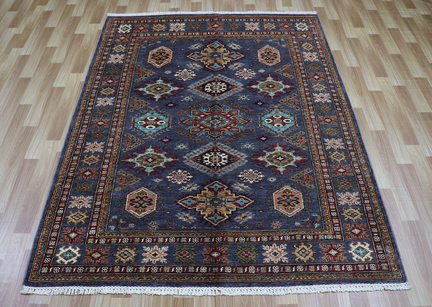 5x7 ft Kazak Area Rug, Gray Afghan Hand Knotted Wool Traditional Carpet, Rugs For Living Room, Bedroom Rug, Dining Table Rug, Kitchen Rug