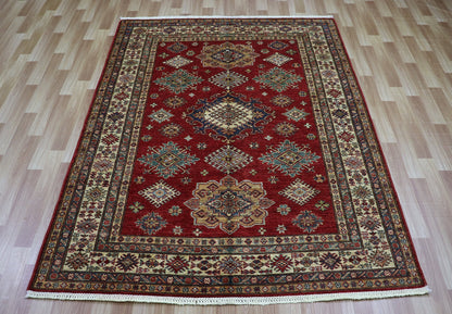 5x7 ft Red Kazak Area Rug, Afghan Hand Knotted Wool Traditional Carpet, Rugs For Living Room, Bedroom Rug, Dining Table Rug, Kitchen Rug