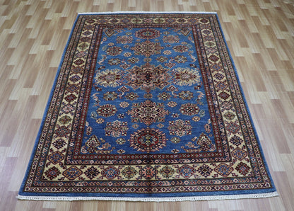 5x7 ft Blue Kazak Area Rug, Afghan Hand Knotted Wool Traditional Carpet, Rugs For Living Room, Bedroom Rug, Dining Table Rug, Kids Room Rug