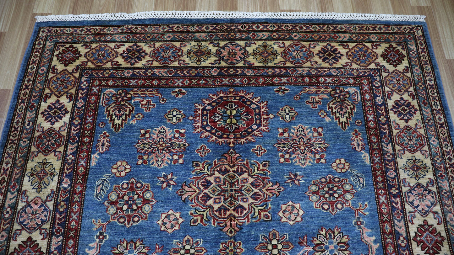 5x7 ft Blue Kazak Area Rug, Afghan Hand Knotted Wool Traditional Carpet, Rugs For Living Room, Bedroom Rug, Dining Table Rug, Kids Room Rug