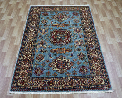 4x6 Ft Kazak Oriental Area Rug, Blue Afghan Hand Knotted Wool Traditional Carpet, Rug For Living Room, Bedroom Rug, Office Rug, Entryway Rug