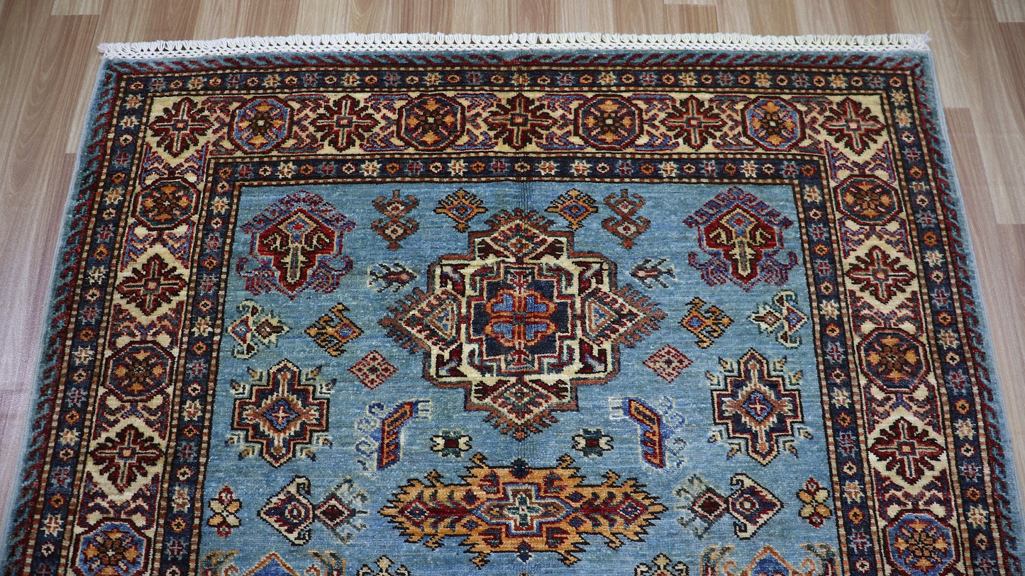 4x6 Ft Kazak Oriental Area Rug, Blue Afghan Hand Knotted Wool Traditional Carpet, Rug For Living Room, Bedroom Rug, Office Rug, Entryway Rug