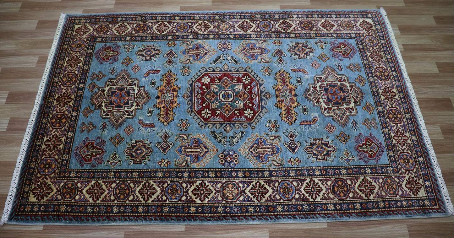 4x6 Ft Kazak Oriental Area Rug, Blue Afghan Hand Knotted Wool Traditional Carpet, Rug For Living Room, Bedroom Rug, Office Rug, Entryway Rug