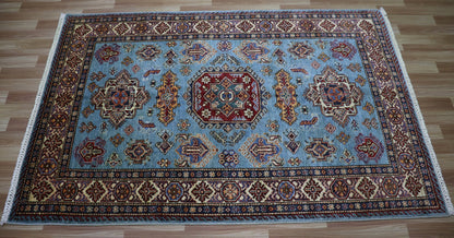 4x6 Ft Kazak Oriental Area Rug, Blue Afghan Hand Knotted Wool Traditional Carpet, Rug For Living Room, Bedroom Rug, Office Rug, Entryway Rug