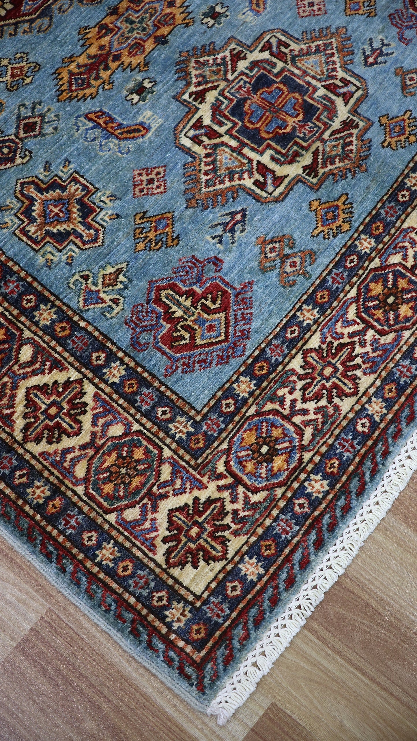 4x6 Ft Kazak Oriental Area Rug, Blue Afghan Hand Knotted Wool Traditional Carpet, Rug For Living Room, Bedroom Rug, Office Rug, Entryway Rug