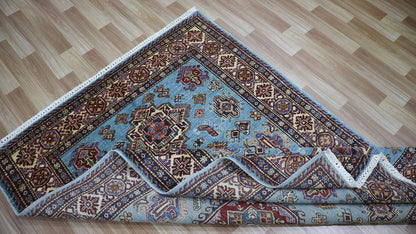 4x6 Ft Kazak Oriental Area Rug, Blue Afghan Hand Knotted Wool Traditional Carpet, Rug For Living Room, Bedroom Rug, Office Rug, Entryway Rug