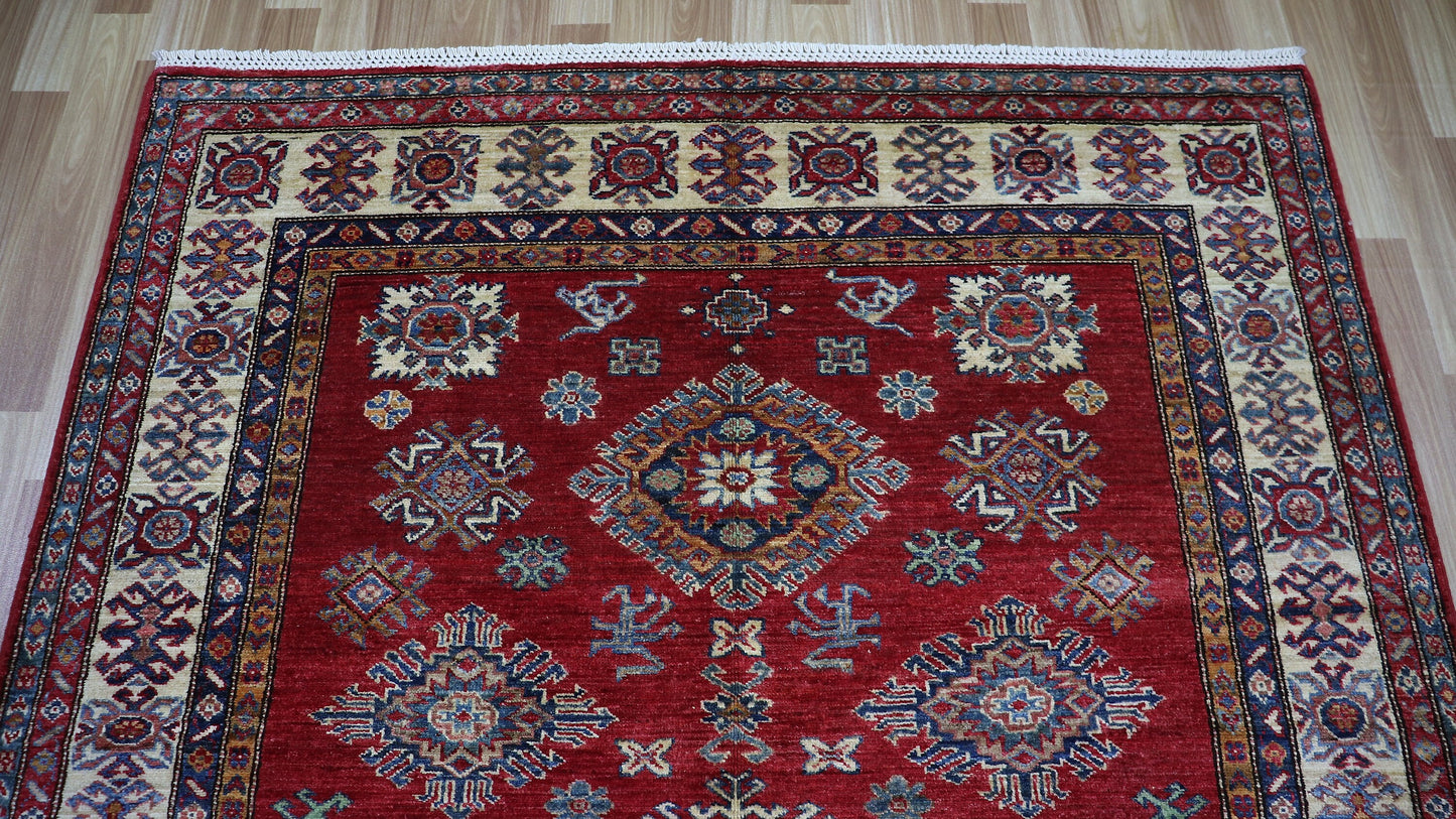 5x7 ft Red Oriental Area Rug, Afghan Hand Knotted Wool Traditional Carpet, Rugs For Living Room, Bedroom Rug, Dining Table Rug, Kitchen Rug