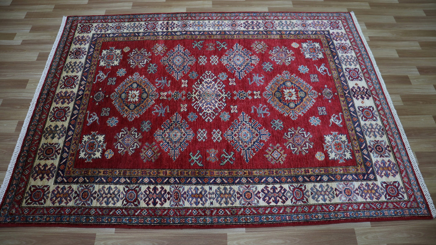 5x7 ft Red Oriental Area Rug, Afghan Hand Knotted Wool Traditional Carpet, Rugs For Living Room, Bedroom Rug, Dining Table Rug, Kitchen Rug