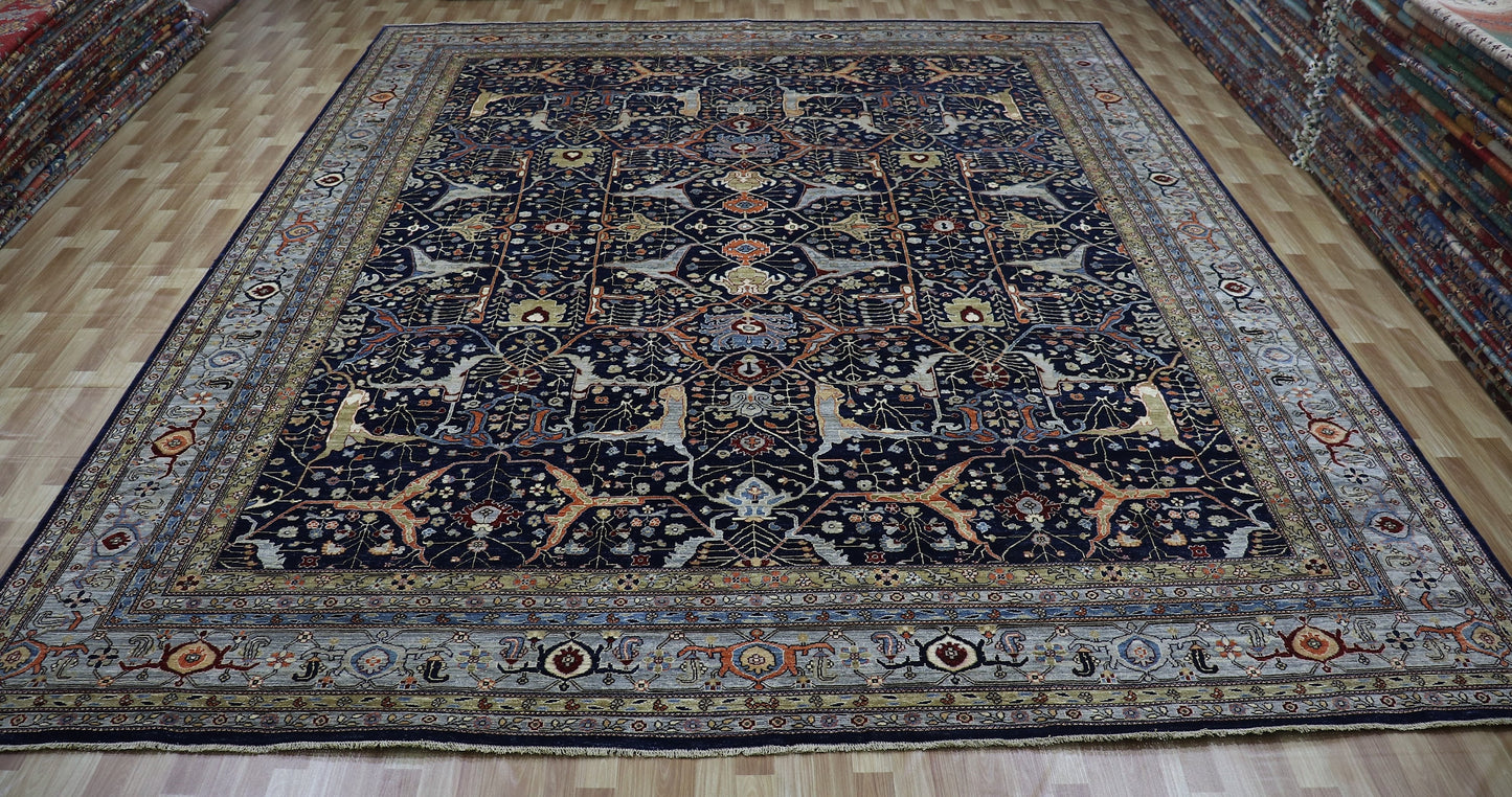 12x15 Ft Arabesque Bidjar Large Area Rug, Blue Persian Hand Knotted Wool Traditional Rectangle Carpet, Rug For Living Room, Dining Table Rug