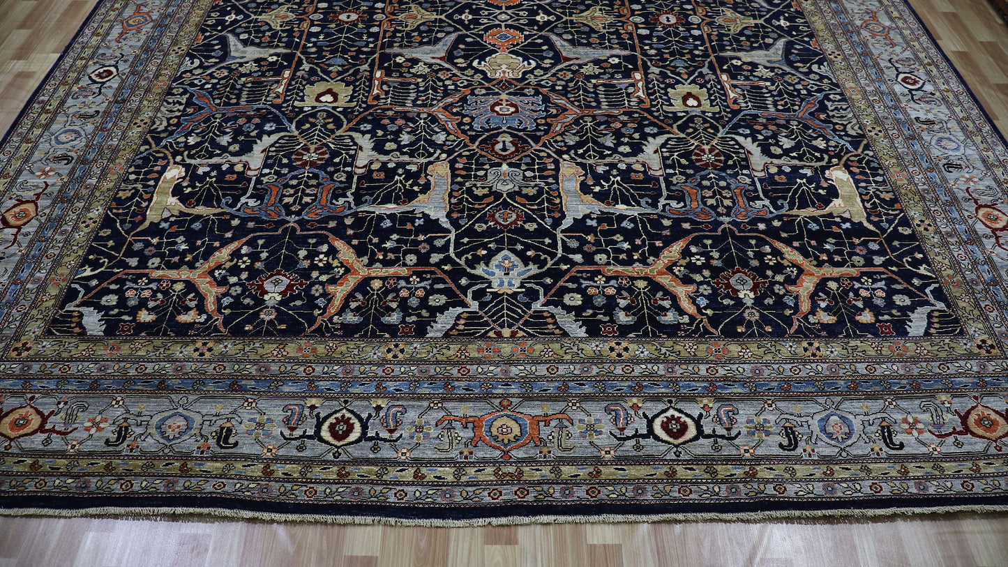 12x15 Ft Arabesque Bidjar Large Area Rug, Blue Persian Hand Knotted Wool Traditional Rectangle Carpet, Rug For Living Room, Dining Table Rug