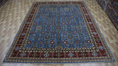 9x12 Ft Blue Floral Large Area Rug, Afghan Hand Knotted Wool Traditional Rectangle Carpet, Living Room Rug, Bedroom Rug, Dining Table Rug