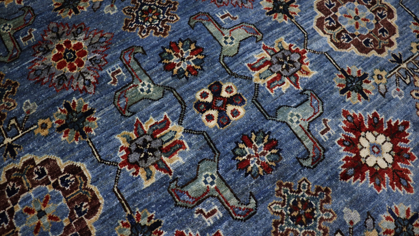 9x12 Ft Blue Floral Large Area Rug, Afghan Hand Knotted Wool Traditional Rectangle Carpet, Living Room Rug, Bedroom Rug, Dining Table Rug