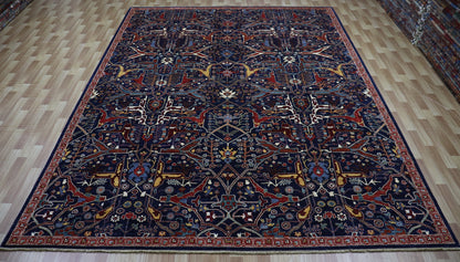 9x12 Ft Navy Blue Bidjar Area Rug, Persian Hand Knotted Wool Traditional Rectangle Carpet, Living Room Rug, Bedroom Rug, Dining Table Rug