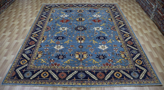 9x12 Ft Blue Oriental Large Area Rug, Afghan Hand Knotted Wool Traditional Rectangle Carpet, Living Room Rug, Bedroom Rug, Dining Table Rug