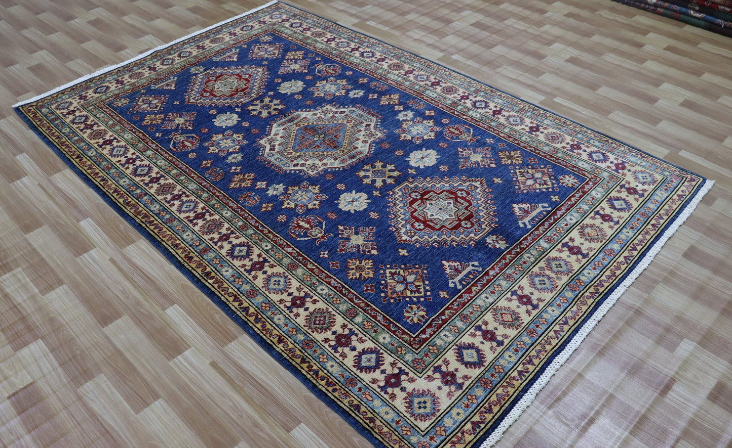 5x8 ft Oriental Area Rug, Blue Afghan Hand Knotted Wool Traditional Carpet, Rugs For Living Room, Bedroom Rug, Dining Table Rug, Kitchen Rug