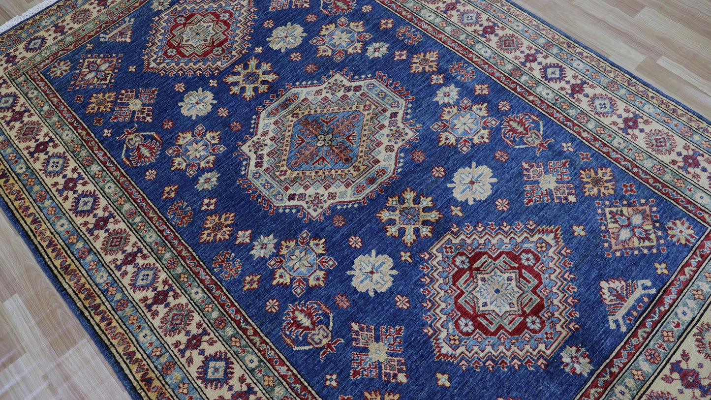 5x8 ft Oriental Area Rug, Blue Afghan Hand Knotted Wool Traditional Carpet, Rugs For Living Room, Bedroom Rug, Dining Table Rug, Kitchen Rug