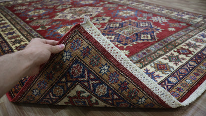 6x8 Ft Oriental Kazak Area Rug, Red Afghan Hand Knotted Wool Traditional Rectangle Carpet, Living Room Rug, Bedroom Rug, Dining Table Rug