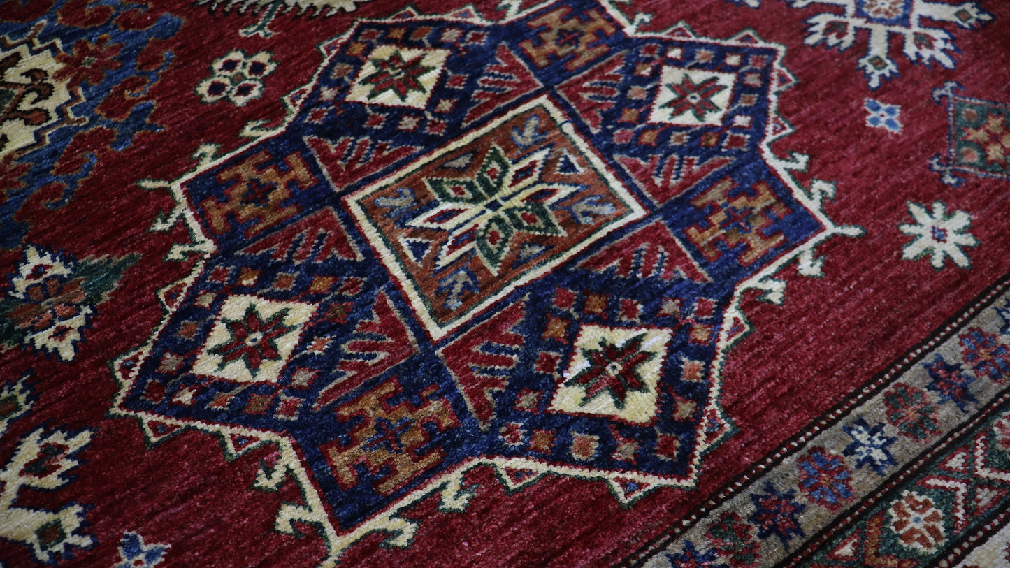 6x8 Ft Oriental Kazak Area Rug, Red Afghan Hand Knotted Wool Traditional Rectangle Carpet, Living Room Rug, Bedroom Rug, Dining Table Rug