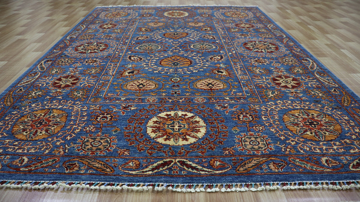 6x8 ft Blue Floral Area Rug, Afghan Hand Knotted Wool Traditional Rectangle Area Carpet, Rugs For Living Room, Bedroom Rug, Dining Table Rug