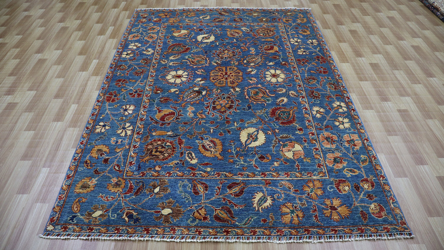 6x8 ft Bidjar Area Rug, Blue Afghan Hand Knotted Wool Traditional Rectangle Carpet, Rugs For Living Room, Bedroom Rug, Dining Table Rug