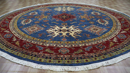 8x8 Ft Oriental Circle Area Rug, Blue Afghan Hand Knotted Wool Traditional Rectangle Carpet, Rugs For Living Room, Bedroom Rug, Entryway Rug