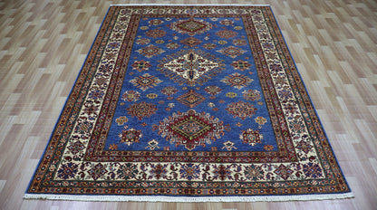 6x8 ft Kazak Area Rug, Blue Geometric Afghan Hand Knotted Wool Traditional Rectangle Carpet, Rugs For Living Room, Bedroom Rug, Dining Table