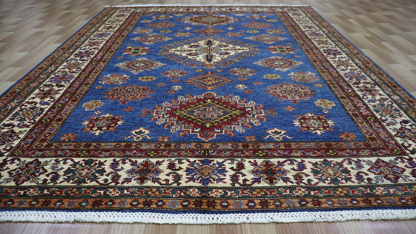 6x8 ft Kazak Area Rug, Blue Geometric Afghan Hand Knotted Wool Traditional Rectangle Carpet, Rugs For Living Room, Bedroom Rug, Dining Table