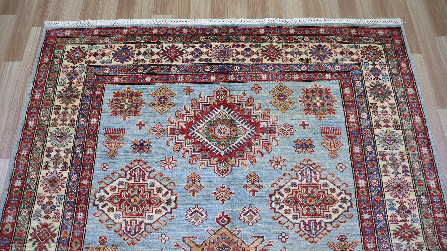 5x7 Ft Kazak Oriental Area Rug, Blue Afghan Hand Knotted Wool Traditional Rectangle Carpet, Living Room Rug, Bedroom Rug, Dining Table Rug