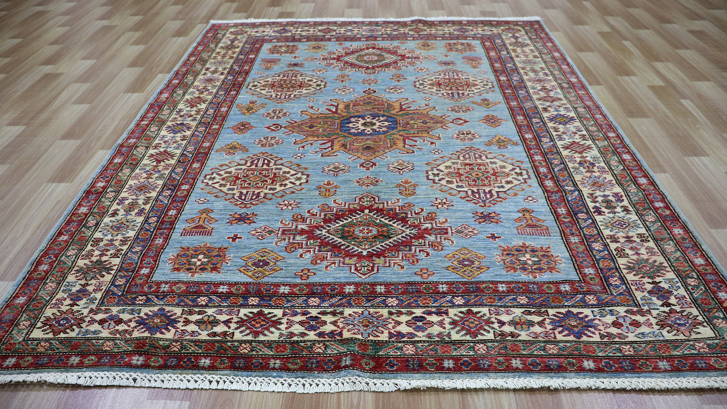 5x7 Ft Kazak Oriental Area Rug, Blue Afghan Hand Knotted Wool Traditional Rectangle Carpet, Living Room Rug, Bedroom Rug, Dining Table Rug