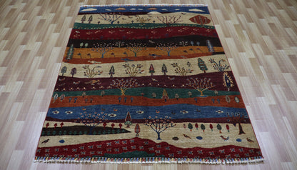 5x7 ft Landscape Gabbeh Area Rug, Afghan Hand Knotted Wool Tribal Rectangle Carpet, Rugs For Living Room, Bedroom Rug, Animal Tree Print Rug