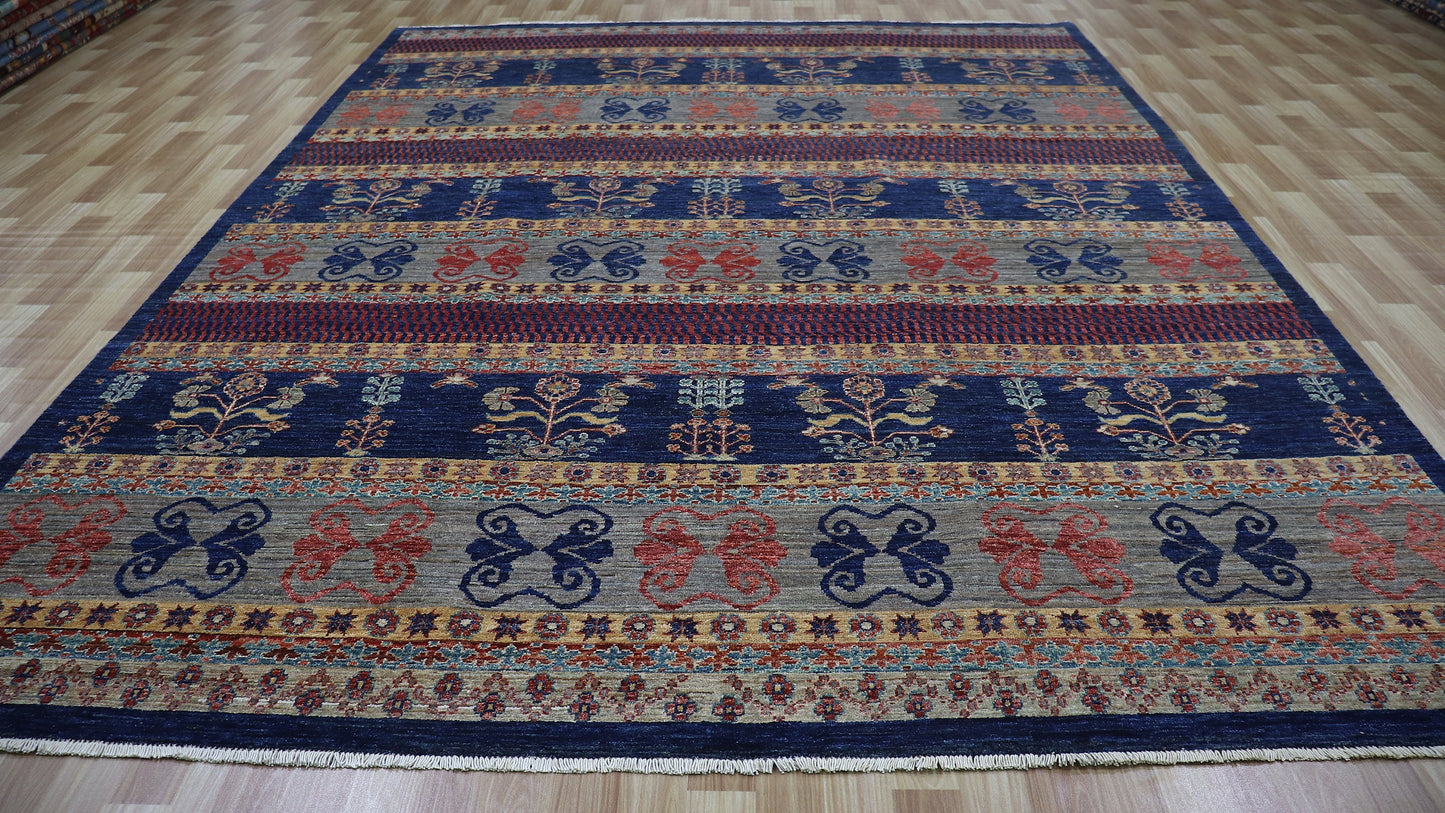 8x11 Ft Striped Gabbeh Area Rug, Blue Afghan Hand Knotted Wool Traditional Rectangle Carpet, Living Room Rug, Bedroom Rug, Dining Table Rug