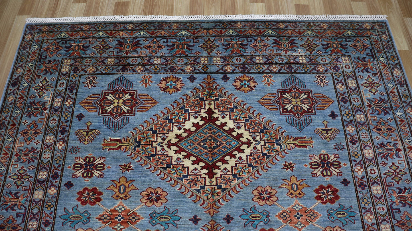 6x9 ft Geometric Oriental Area Rug, Blue Red Afghan Hand Knotted Wool Traditional Rectangle Carpet, Rugs For Living Room, Dining Table Rug