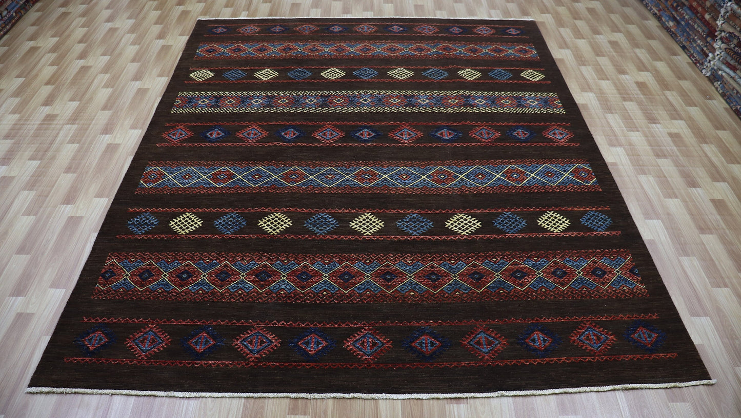 8x11 ft Gabbeh Large Area Rug, Brown Afghan Hand Knotted Wool Traditional Rectangle Carpet, Living Room Rug, Bedroom Rug, Dining Table Rug