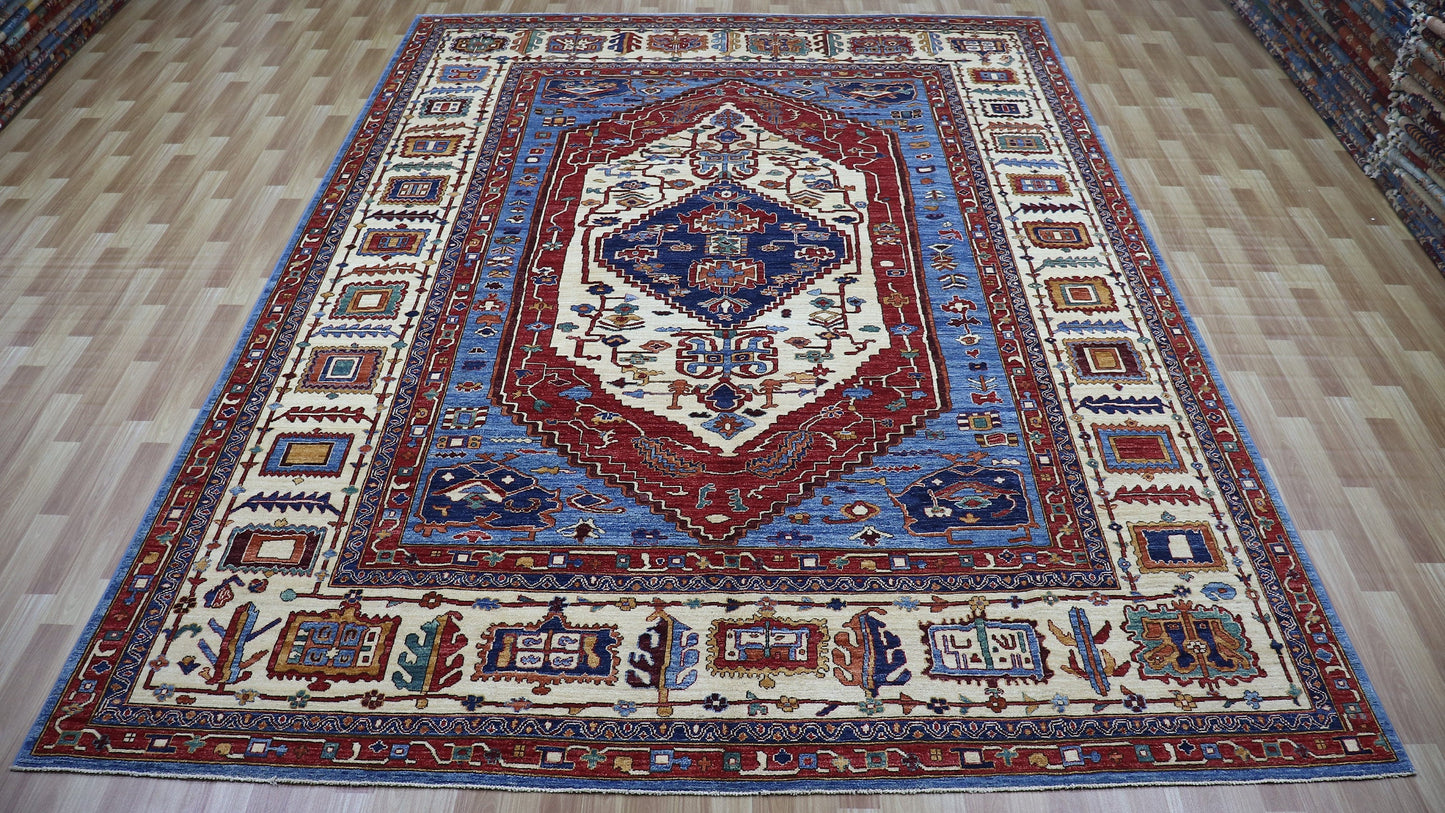 9x12 Ft Medallion Heriz Area Rug, Blue Afghan Hand Knotted Wool Traditional Rectangle Carpet, Living Room Rug, Bedroom Rug, Dining Table Rug