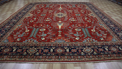 9x12 Ft Persian Serapi Large Area Rug, Red Hand Knotted Wool Traditional Rectangle Carpet, Living Room Rug, Bedroom Rug, Dining Table Rug