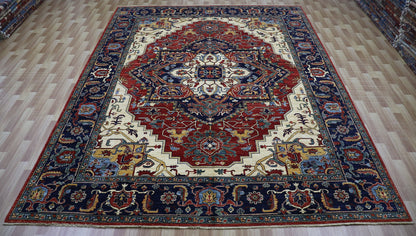 9x12 Ft Persian Style Heriz Large Area Rug, Red Afghan Hand Knotted Wool Traditional Rectangle Carpet, Rugs For Living Room, Bedroom Rug