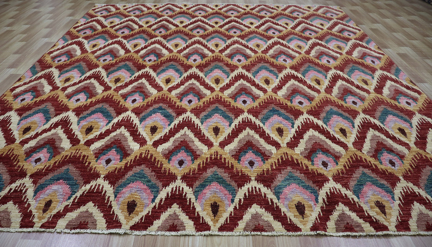 8x10 Ft Red Ikat Area Rug, Afghan Hand Knotted Wool Traditional Rectangle Carpet, Rugs For Living Room, Bedroom Rug, Dining Table Rug