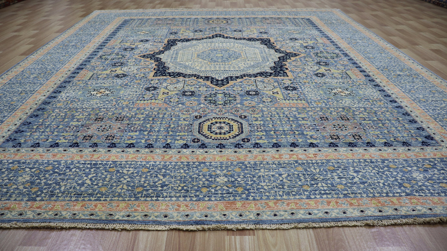 8x10 Ft Oriental Mamluk Area Rug, Blue Afghan Hand Knotted Wool Traditional Rectangle Carpet, Living Room Rug, Bedroom Rug, Dining Table Rug