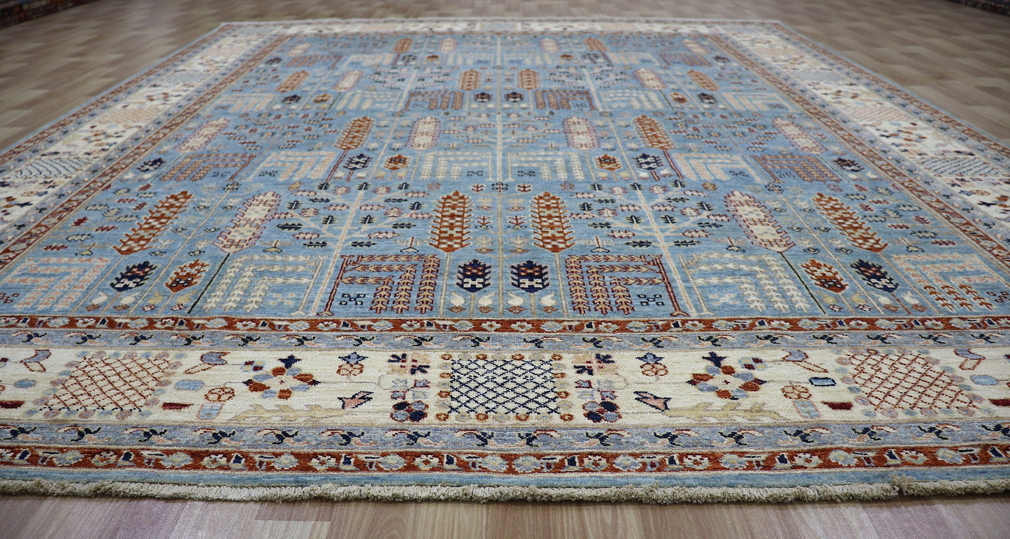 8x10 Ft Tree Print Area Rug, Blue Beige Afghan Hand Knotted Wool Tribal Rectangle Carpet, Rug For Living Room, Bedroom Rug, Dining Table Rug