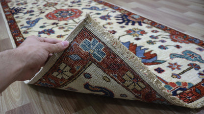 7 Ft Beige Oriental Runner Rug, Afghan Hand Knotted Wool Traditional Rectangle Carpet, Entryway Rug, Hallway Rug, Kitchen Rug, Foyer Rug