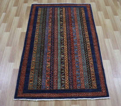 3x5 Ft Turkish Shawl Small Area Rug, Blue Afghan Hand Knotted Wool Traditional Rectangle Carpet, Rug For Entryway, Kitchen Rug, Bathroom Rug