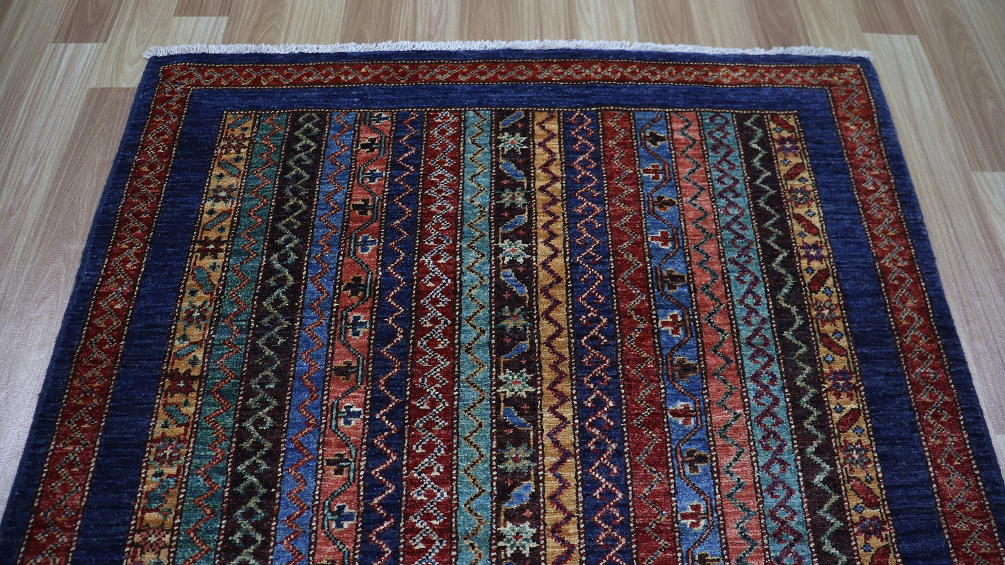 3x5 Ft Turkish Shawl Small Area Rug, Blue Afghan Hand Knotted Wool Traditional Rectangle Carpet, Rug For Entryway, Kitchen Rug, Bathroom Rug