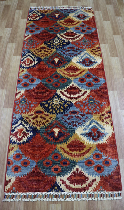 7 Ft Red Ikat Runner Rug, Afghan Hand Knotted Wool Traditional Rectangle Carpet, Entryway Rug, Hallway Rug, Kitchen Rug, Living Room Rug